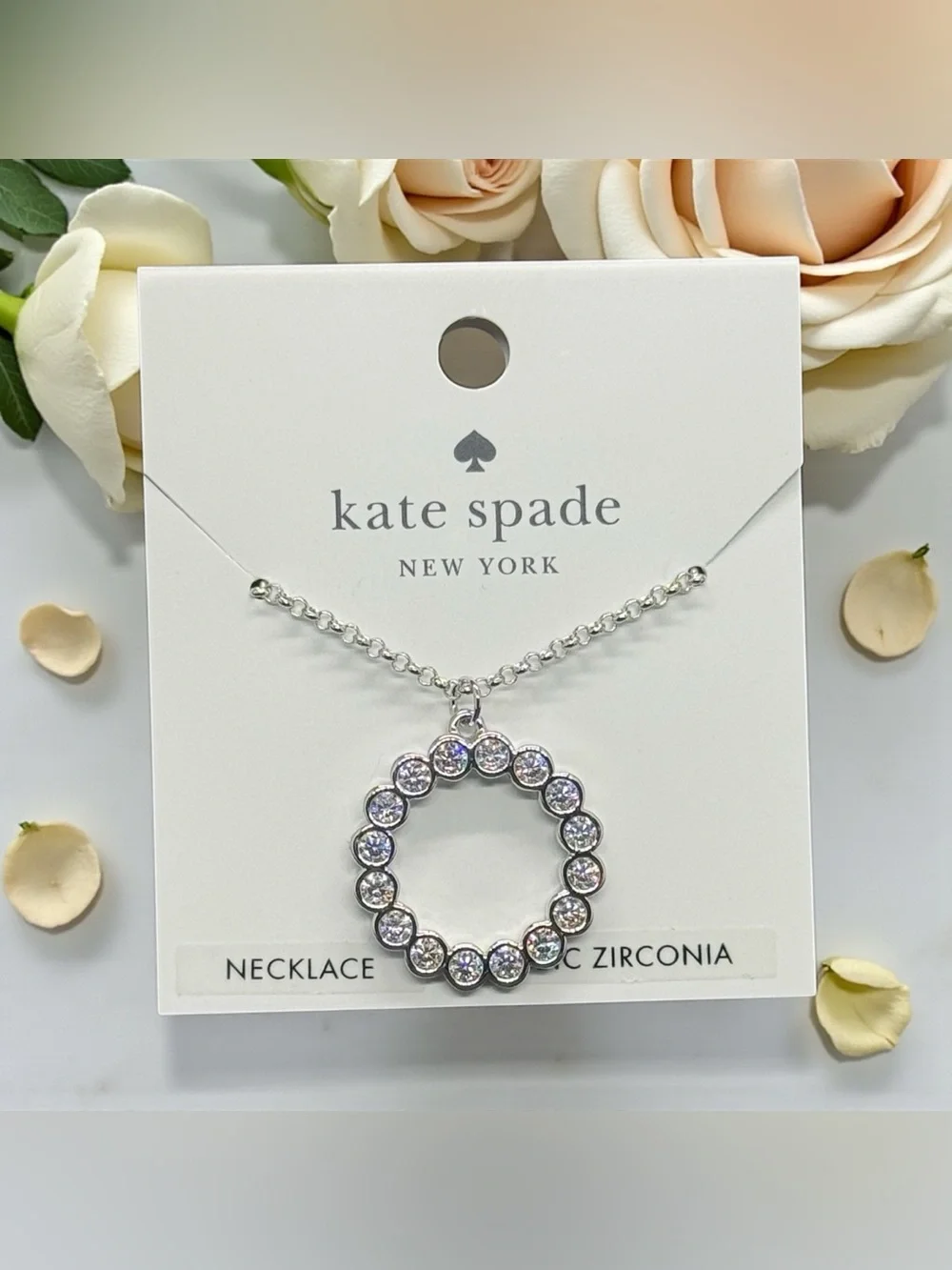 ♠️KATE SPADE♠️Full Circle Silver-Tone CZ Pendant Necklace w/ Dust Bag/NWT